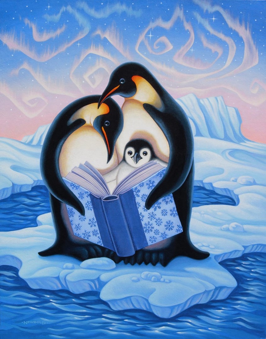 illustration of Cover- Fall catalog for Houghton Mifflin Harcourt. of a penguin family enjoying a bedtime story on the icy plain as the sunset colors the evening sky.
children's book cover warm light cozy cute friendly happy fun snow ice cold iceberg emperor penguin baby book fantasy imagination
