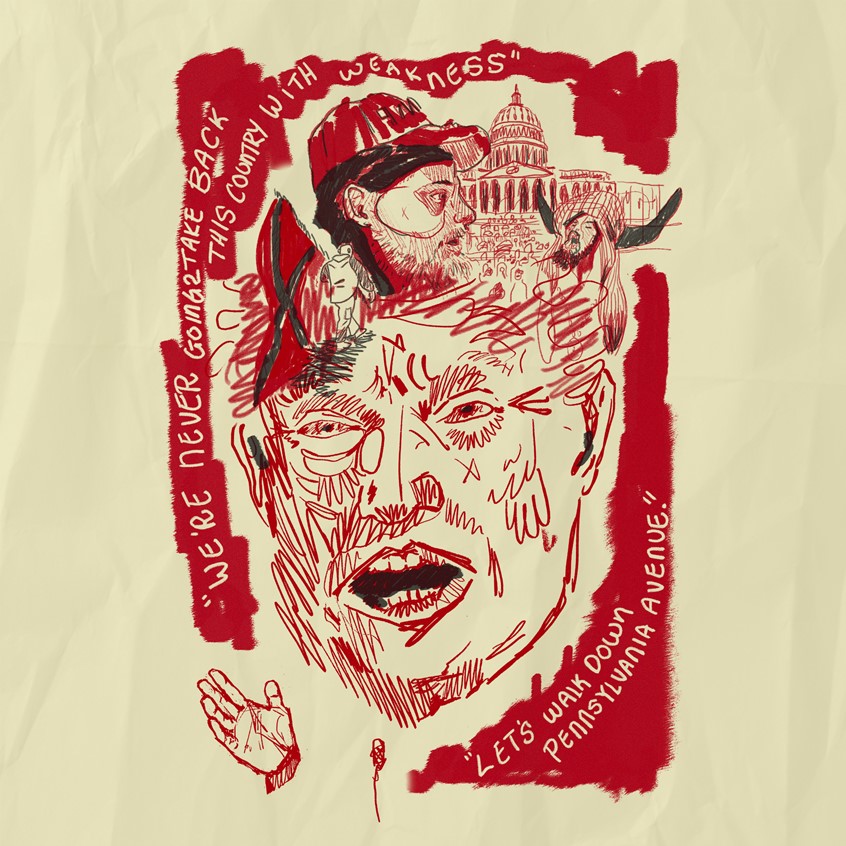 illustration of An illustration of the storming of the Capitol building on January 06th
Trump, anger, politics, misinformation, capital building, confederate, qanon, speech, chaos, democracy, confusion, hate, scared, editorial, surreal, pencil, texture, Washington, magazine, book cover, policy, coup, division, stress, doubt, America, false,