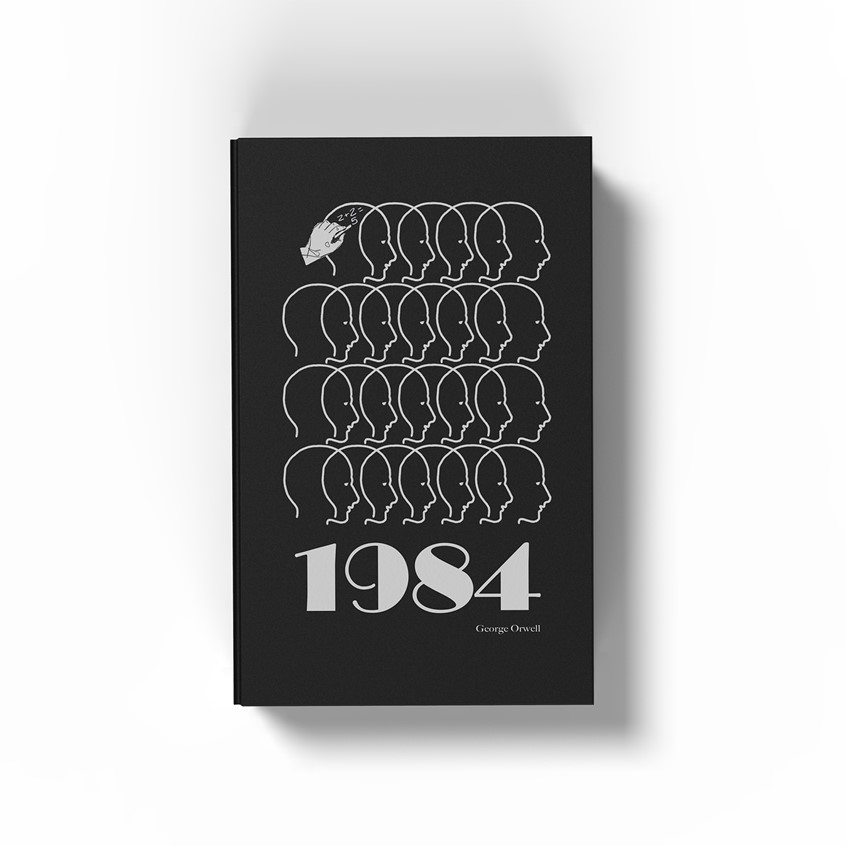 illustration of Book cover for George Orwell's 1984 focusing on groupthink
book cover, product, rendering, graphic, design, black and white, figure, surreal, dark, adult, youth, book, fantasy, dystopian, Orwellian, George Orwell, history, retro, classic, pattern, dark,