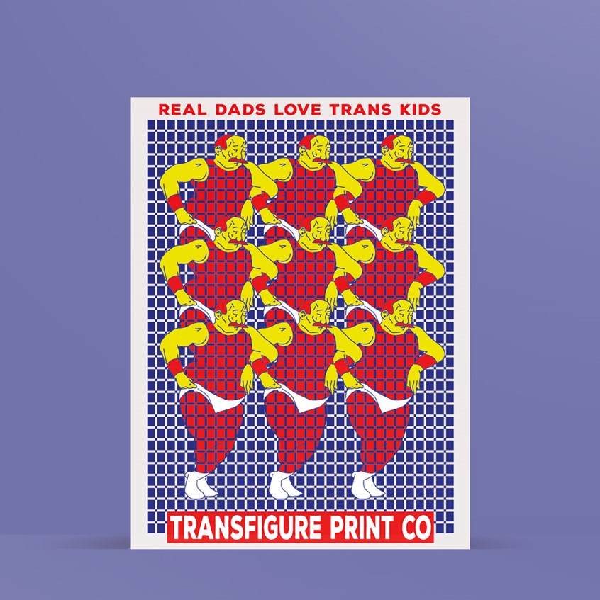 illustration of A poster & shirt design for Transfigure printing company. The design raised money for the transgender community during Father's day weekend 2021. The figure is a cartoon of a group of fathers linking arms across a rectangle pattern. Spreading love to the rest of the planet.