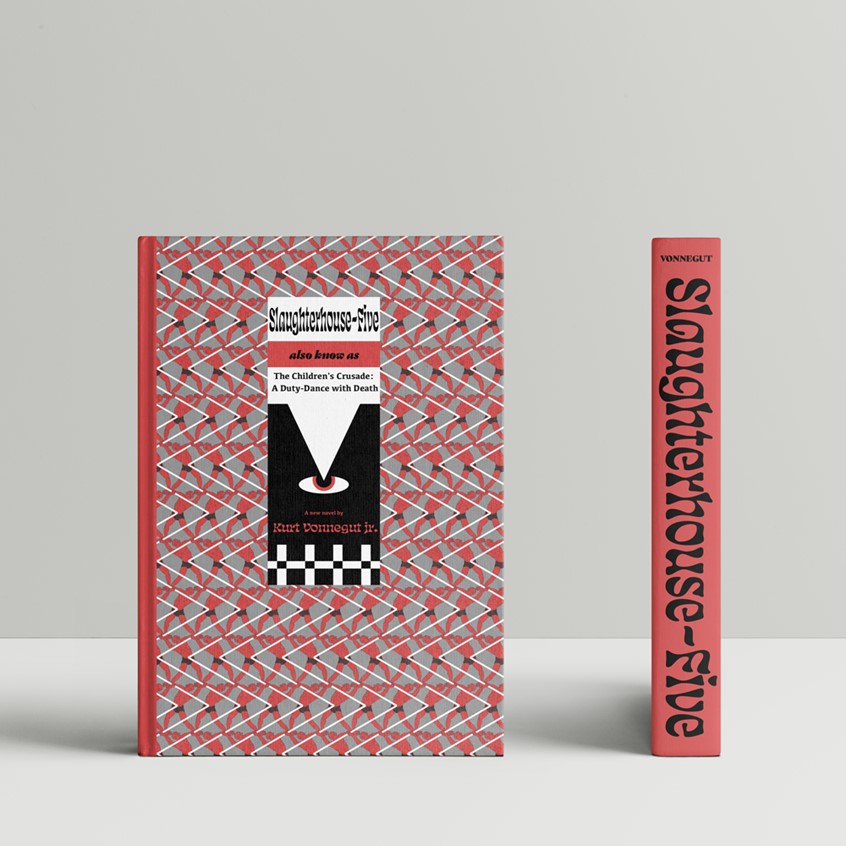 illustration of Book Cover concept for Slaughterhouse-5. The pattern is made of figures attacking one another with a zig zag line. This illustration depicts the theme of this book. The theme is that war is traumatizing and no one was safe during WWII.