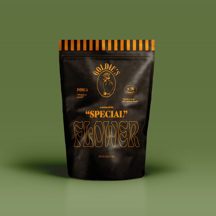 illustration of Goldie’s Cannabis Company is a branding concept project for packaged goods. This conceptual project infuses feminine figures with the presentation of a flower to imply a sense of a gift or gift-giving. The use of the color gold and flowing type creates a sense of elegance.