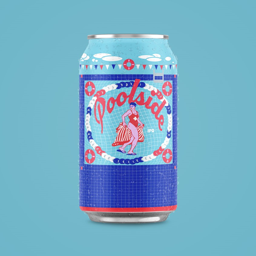 illustration of This IPA's concept was inspired by the 2020 USA Olympic swim team. This is reflected through the color scheme and the design elements within the composition. The bright colors and repeating pattern draw the viewer into the composition; the expressive and detailed figure holds the viewer’s attention.