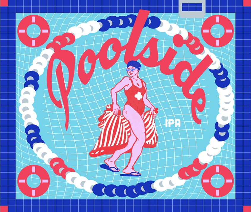 illustration of This IPA's concept was inspired by the 2020 USA Olympic swim team. This is reflected through the color scheme and the design elements within the composition. The bright colors and repeating pattern draw the viewer into the composition; the expressive and detailed figure holds the viewer’s attention.