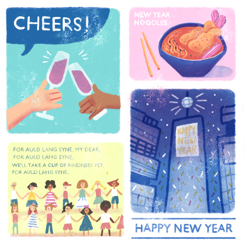 illustration of Social media post of different cultures celebrating the new year around the world. new year, cheers, wine, drinking, food, noodles, ramen, ethnic, New York, people, celebration