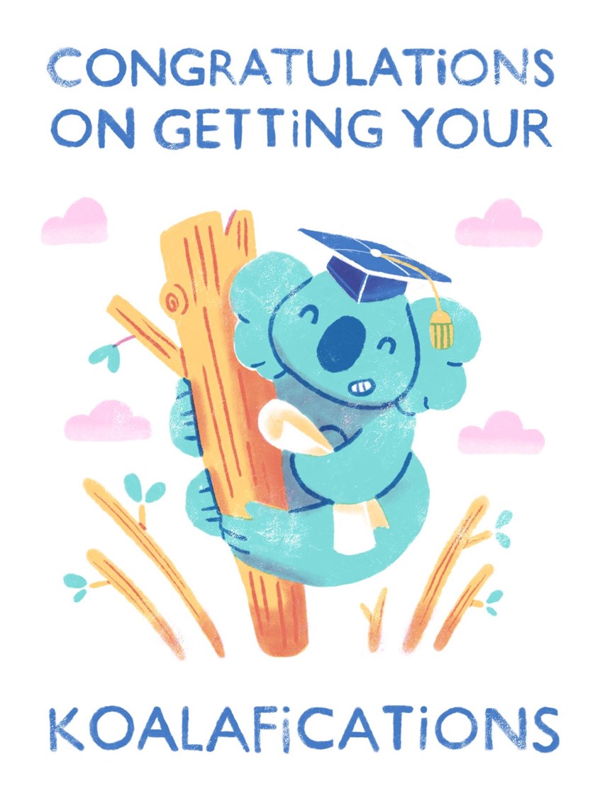 illustration of congratulations gift card conceptual illustration.
koalafications, koala, animal, cute, graduation, Australia, conceptual illustration.