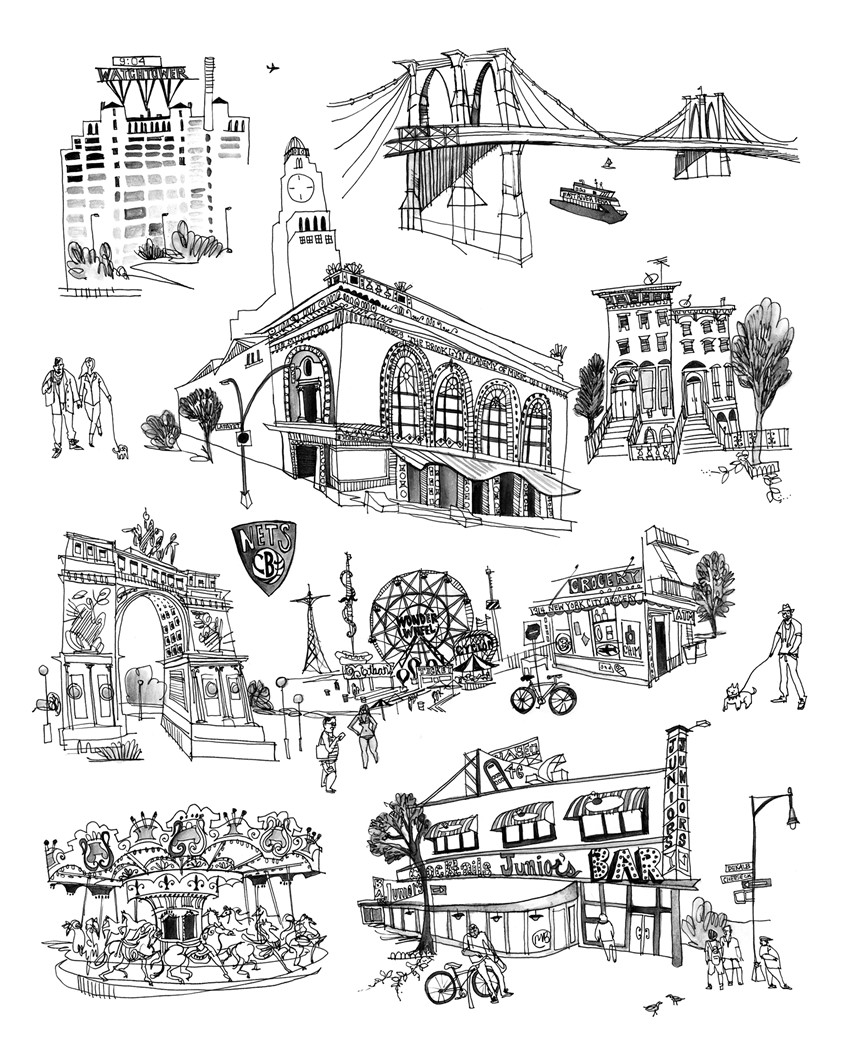 illustration of A modern toile pattern of Brooklyn's landmarks, Brooklyn nets, Coney Island, carousel, junior's cheesecake, restaurant, bridge, people, bodega, deli, brownstone, illustration, pen and ink