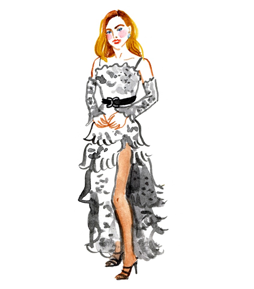 illustration of A Fashion Illustration in watercolor of Margot Robbie in Chanel on the red carpet from The 2021 Golden Globe Awards, beauty, makeup, hair, wellness, illustration, strength, power, influence, diversity, leaders, women, portrait, powerful women, equality, woman, fashion, dress