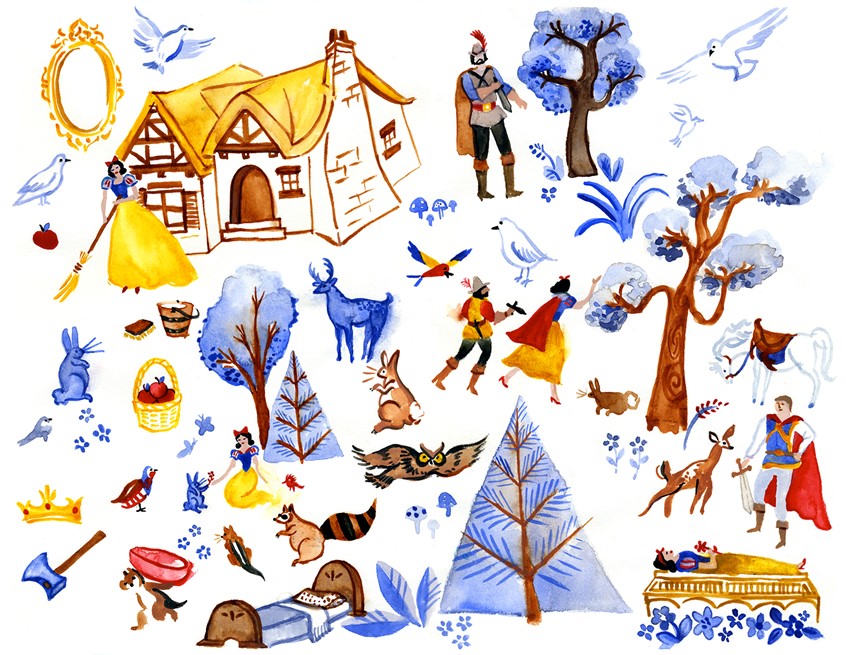 illustration of A fairy tale fantasy with princesses, woodland animals and the hunter, princess, trees, forest, birds, cottage, Snow White, fairytale