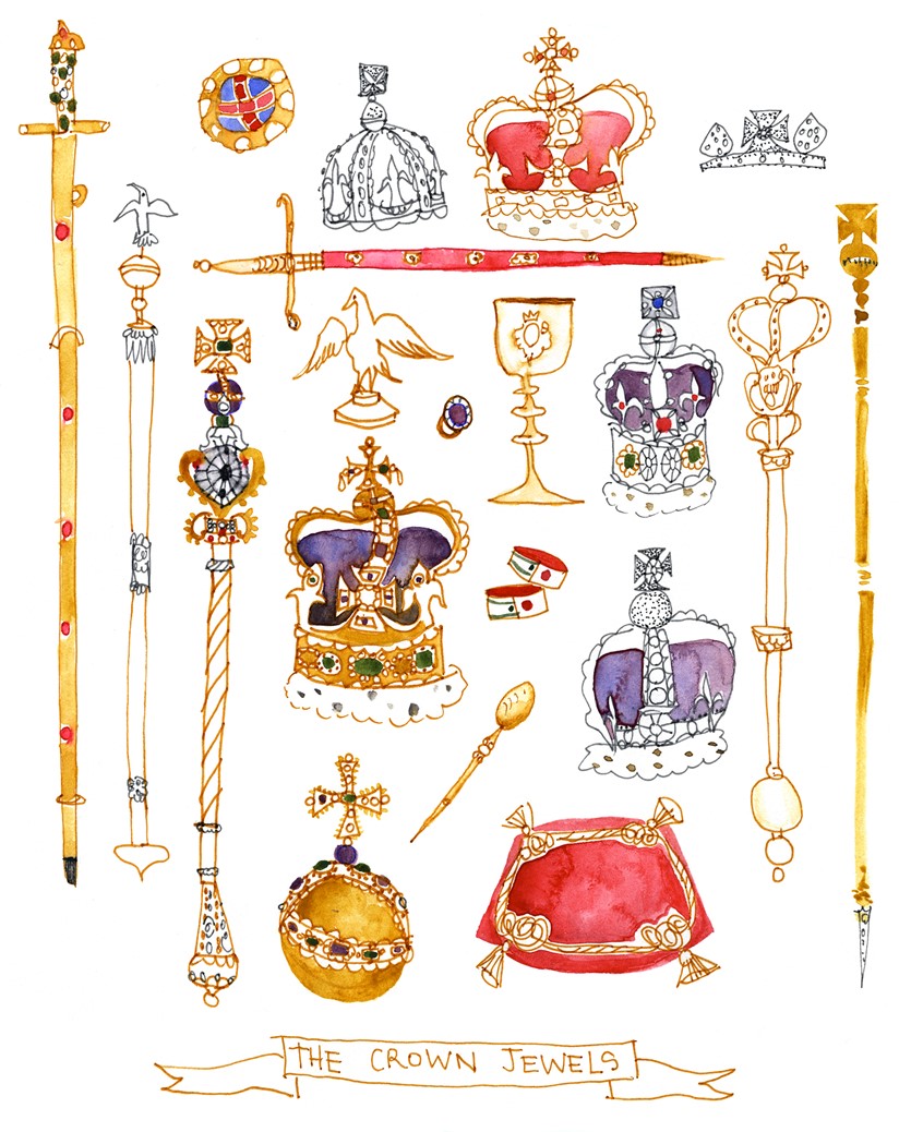 illustration of The Crown Jewels of are a collection of royal ceremonial objects kept in the Tower of London, which include the regalia and vestments worn at their coronations by British kings and queens, royalty, wealth, power, strength