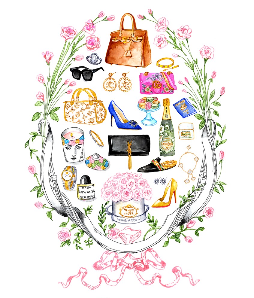illustration of Handbags, jewelry, perfume, heels, flowers, champagne and macarons- make her feel like the queen she is everyday. beauty, makeup, hair, wellness, illustration, strength, power, influence, women, frame, roses, woman, fashion, Mother's Day, Valentine's Day, birthday, shopping