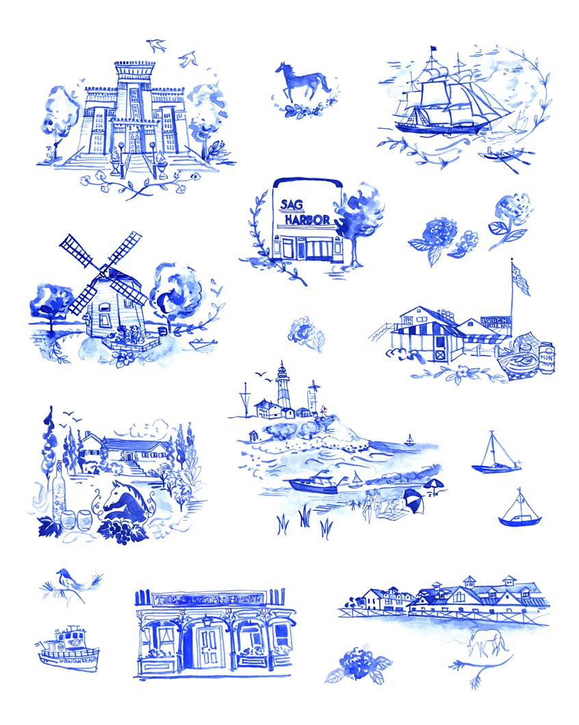 illustration of A modern toile watercolor of the highlights of Sag Harbor in the Hamptons, Toile, art, illustration, seaside, vintage, romance, movie theatre, nostalgia, lighthouse, beach, sailboat, deer, church