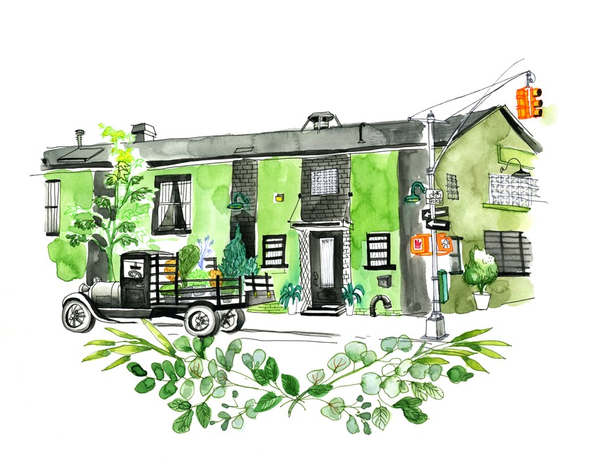 illustration of Watercolor Illustration of the Green Building in Brooklyn, NY with a vintage truck and a bouquet of eucalyptus and green flora. city streets, street signs