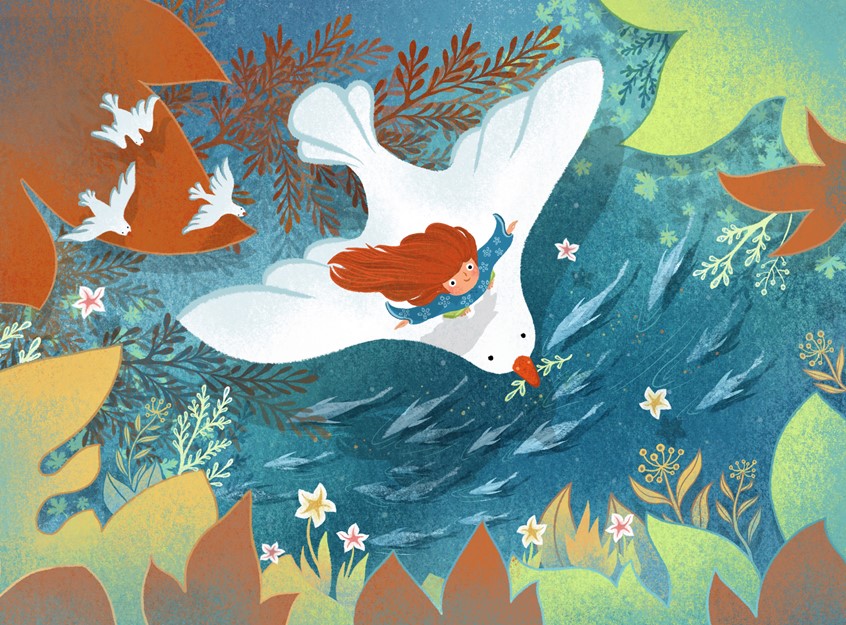 illustration of Once in a dream, Susan is enjoying her days when flying across the beautiful lake. She is accompanied by her dearest pigeon and fish friends. In an ecological world. She feels so alive.
