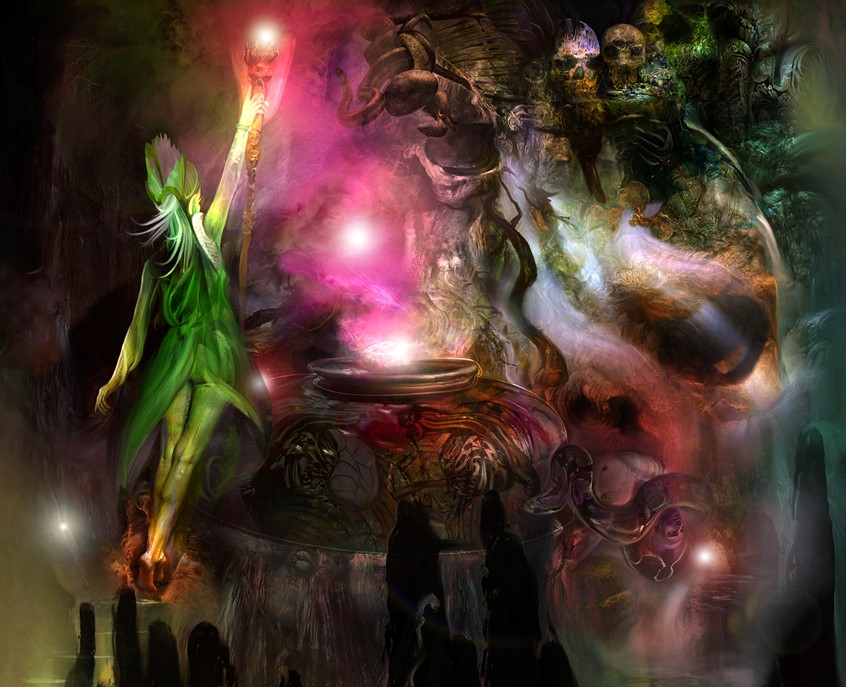 illustration of The crucial scene of the witches cauldron deep in The Whispering Fen roleplaying adventure available in print and virtual gaming platforms. skulls, cauldron, npc, dragons, magic, fantasy