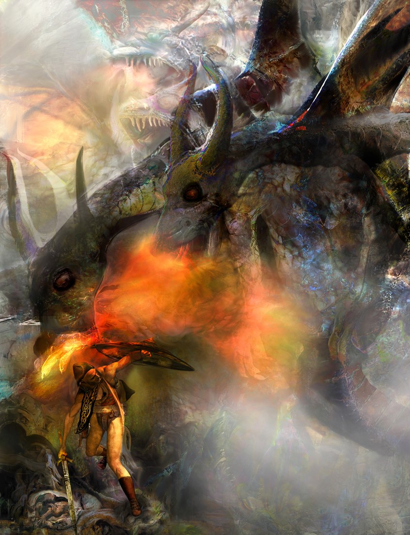 illustration of This fantasy cover art was produced for a publication of magic items and spells for a popular role playing game played on virtual and traditional tabletops. dungeons and dragons, hero, adventures, shield, fire, fantasy art,