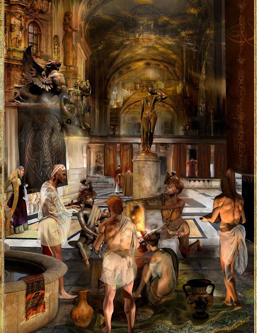 illustration of This cover illustration depicts a vibrant ancient religious festival based on a matriarchal mythology in The Plinth, A Waterdeep Location roleplaying game companion module. Dungeons, dragons, roleplaying, tabletop gaming, fantasy art