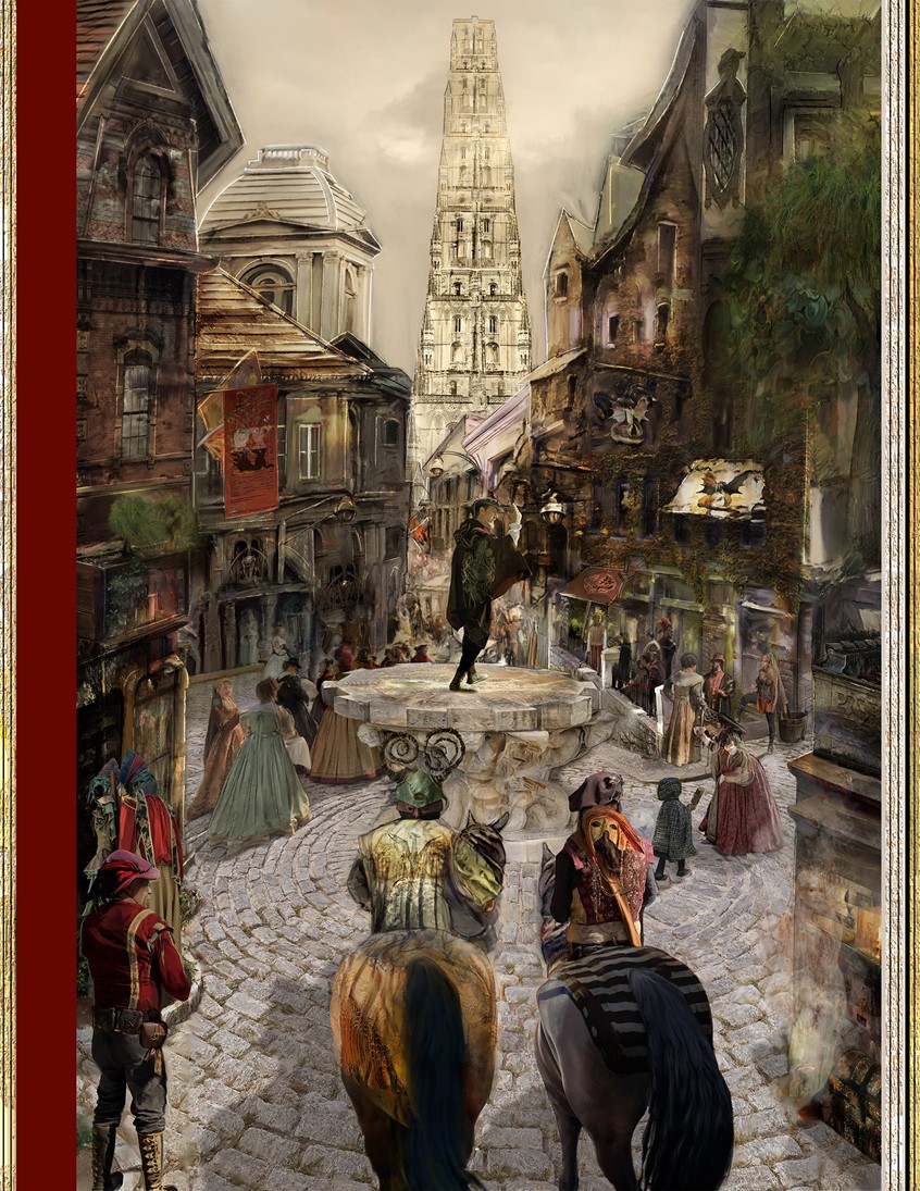 illustration of The old fantasy city of Waterdeep holds a festival every year for vying magic, rites, religions and mythologies to compete in dialogue with the citizens of the surrounding towns. Dungeons, dragons, npc, festive, painterly, cobblestone, old europe,