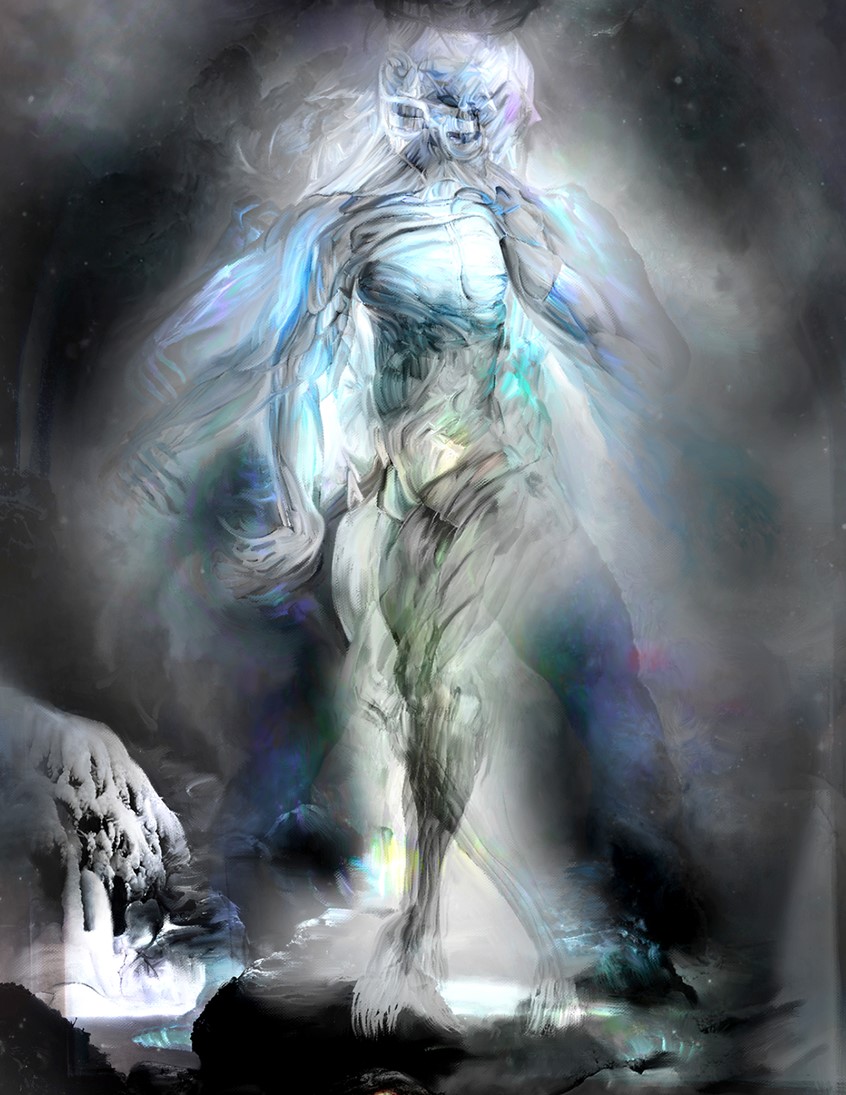 illustration of This figurative elemental monster congeals from elemental environmental atmospherics at its evil and chaotic passageway in The Gates of The Shadowmage Adventure gaming module. dungeons and dragons, elemental realm, npc, figurative, fantasy art,