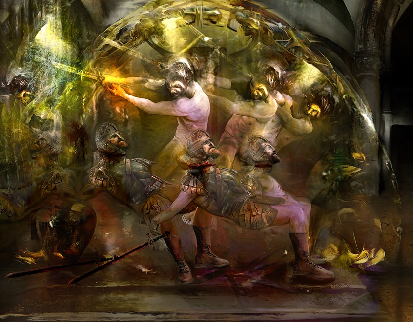 illustration of The violent and evil history behind The Gates of The Shadowmage Adventure module is depicted in this highly volatile action scene. Dungeons, dragons, swordplay, knights, gaming, fantasy art
