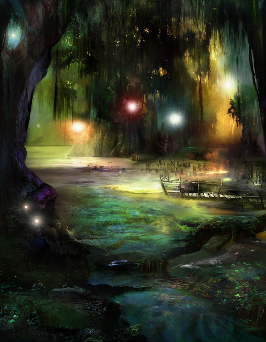 illustration of Cover art depicting the swampy bog environment for The Whispering Fen Adventure game module by The Eldritch Press. fen, bog, dungeons, dragons, fantasy art, environment,