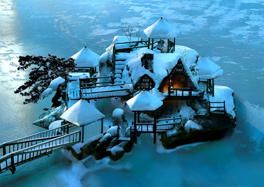 illustration of Principle illustration and winter, glacial cover art for an upcoming adventure series taking place within a glacial complex. Fantasy art, frozen lake, winter dwelling, snowcapped, ice,