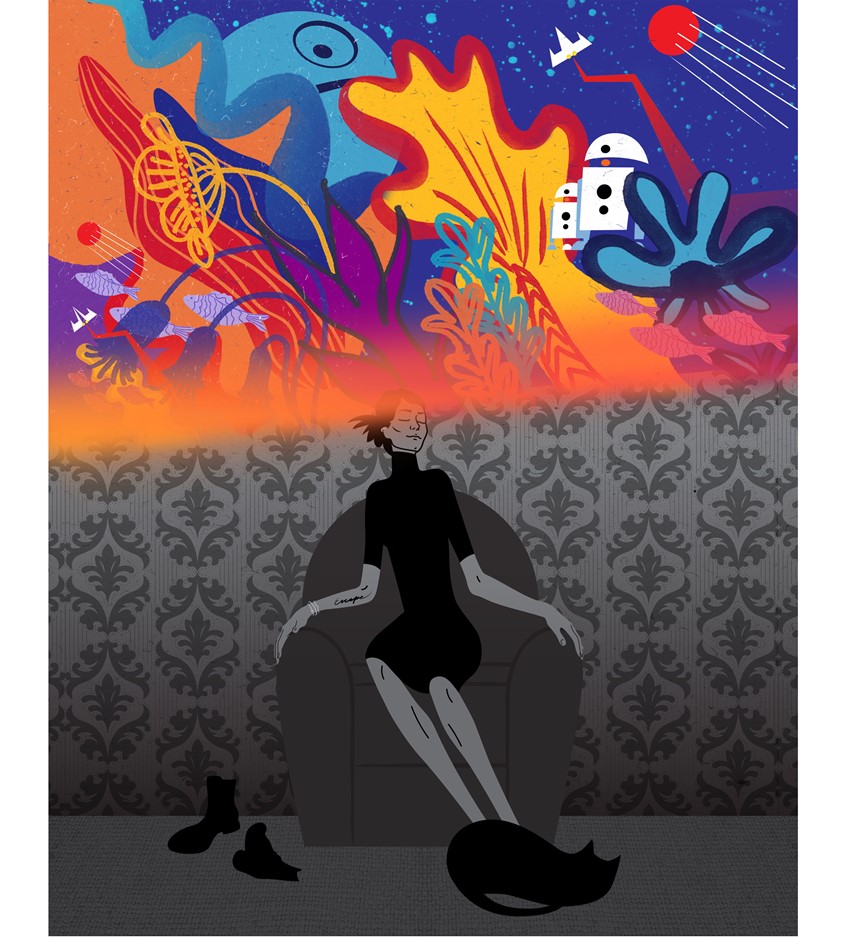 illustration of Illustrations on escapism for GRAZIA magazine. Where goes the borderline between daydreaming and escaping reality? Is the latter dangerous? Are books any different in this sense than games, Tik Tok and TV series? How about food and alcohol addiction? Does it matter which “tool” the person chooses? And a few words on natural selection that goes on in the article in Grazia magazine.