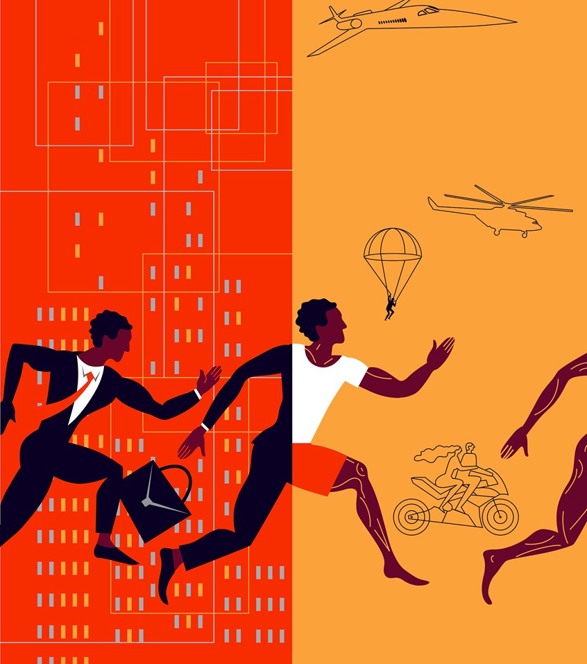 illustration of “To enter and to exit safely.” The first and the main Illustration from a series of eight for an article in ForbesLife about myths around midlife crisis and ways out of it.
Because the article was about myths, my idea was to draw illustrations in the style of ancient Greek painting on amphorae.