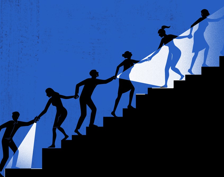 illustration of Here’s one of my illustrations for an article in the ForbesLife for the issue devoted to charity. It incorporates everything I feel towards people in charity, admiration primarily. These people help and support others while walking up the uneven stairs in almost complete darkness—at least, this is how I see what they do.
Soundtrack: U2's “One” - “We got to carry each over”