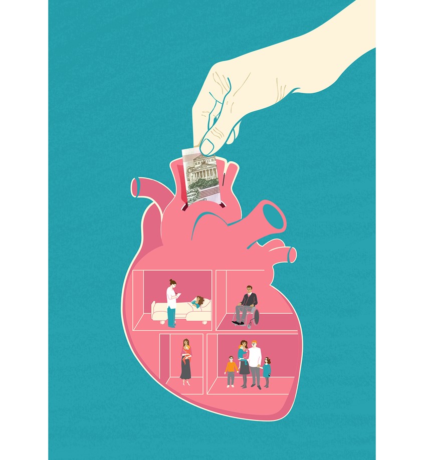 illustration of Here’s what I drew for an incredibly important article in the charity issue of ForbesLife. The article’s called “Every single penny. Why are charity organizations entitled to make money”.
