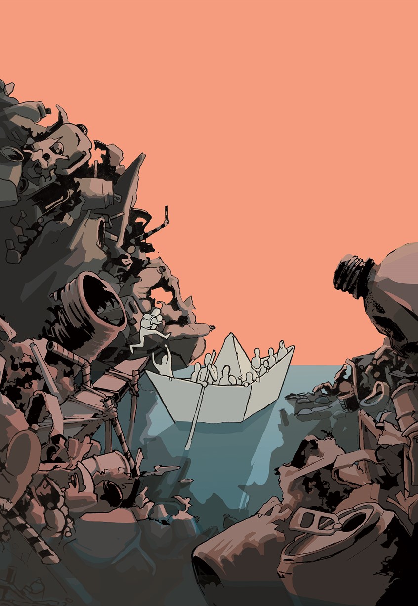 illustration of Illustration 2 of the winning poster series for germanwatch e.V. designcontest 2018 depicting fossil fuels, pollution and climate change as causes for flight. Climate Change, Environment, Pollution, Environmental Illustration, Poster, Posterdesign, Migration, Escape, Fossil Fuels, Conflict, Warm Tones, Muted Tones, Digital Edited, Analogue Drawing, Hand Drawn