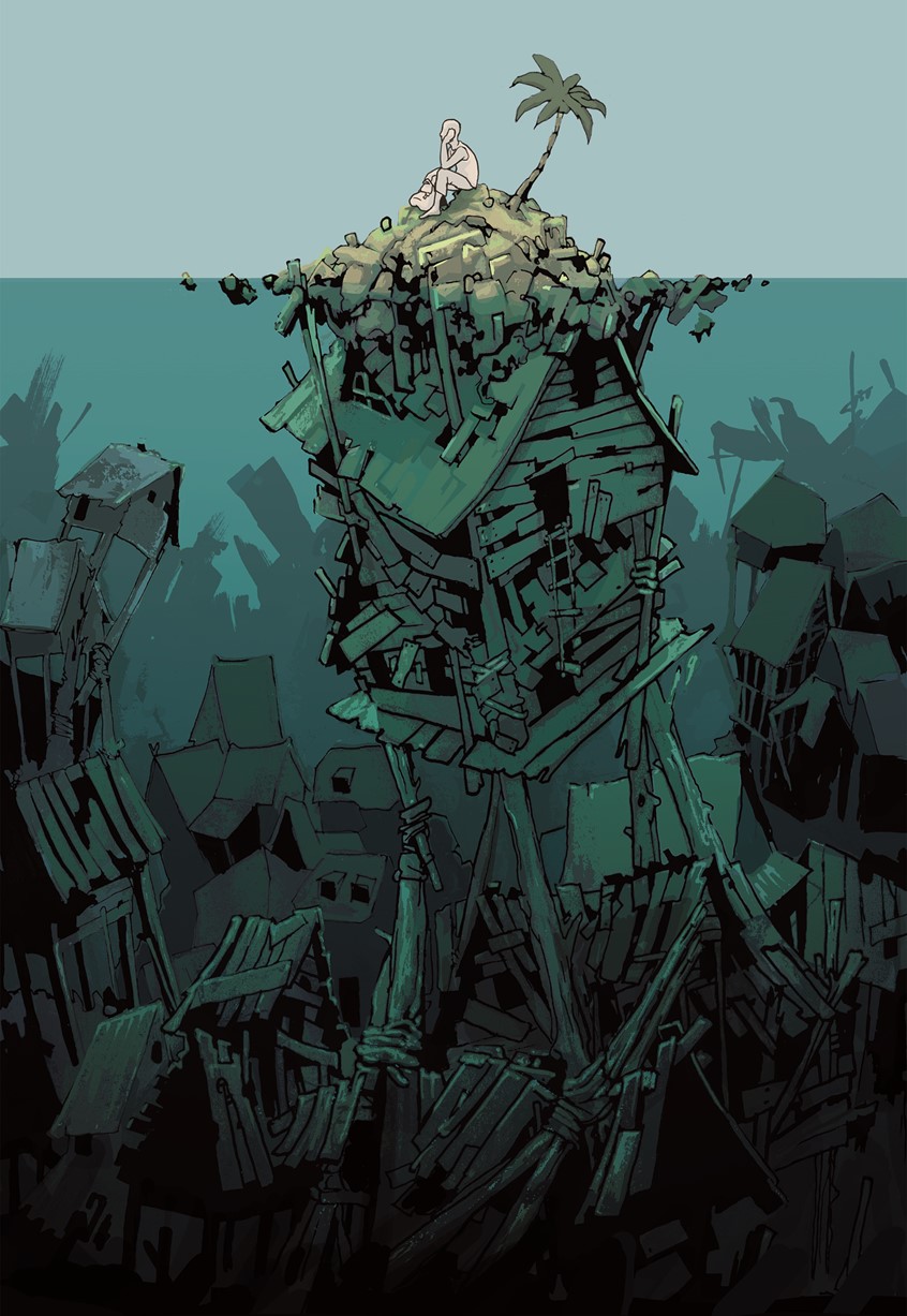 illustration of Illustration 3 of the winning poster series for germanwatch e.V. designcontest 2018 depicting fossil fuels, pollution and climate change as causes for flight. Climate Change, Environment, Pollution, Environmental Illustration, Poster, Posterdesign, Stranded, Island, Rising Sea Levels, Digital Edited, Analogue Drawing, Hand Drawn,Green Tones, Blue Tones, Muted Tones,