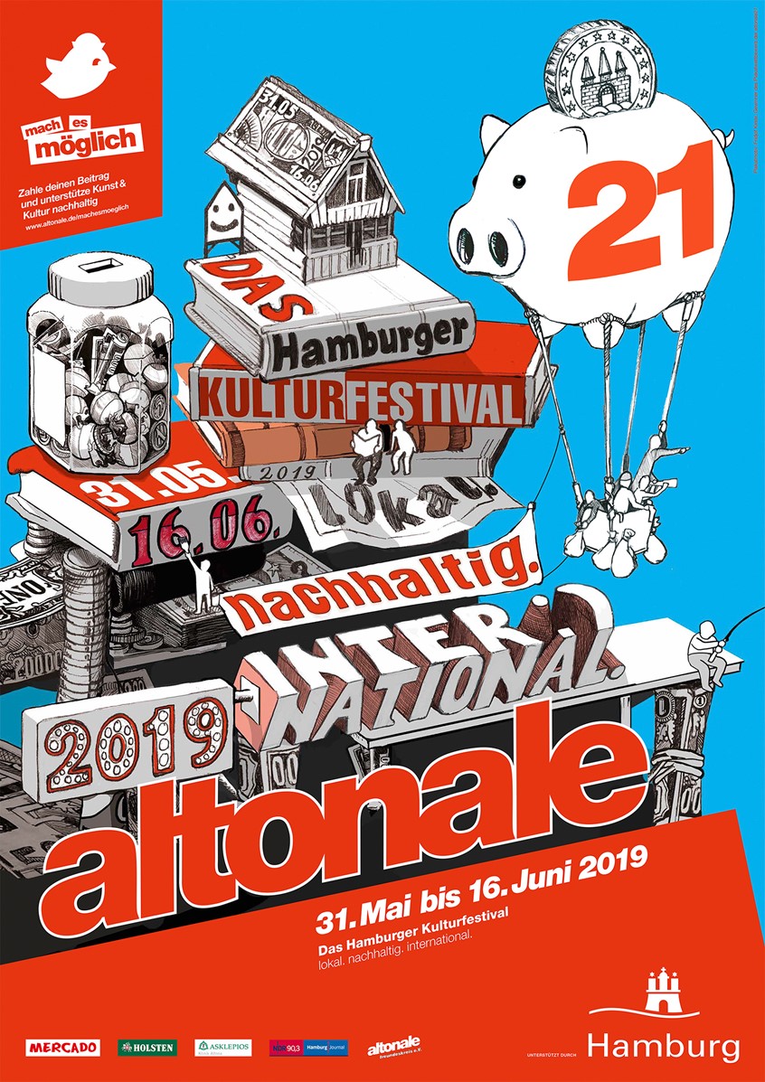 illustration of The winning motive for the 21st altonale festival 2019 in Hamburg, Germany. Digital Edited, Analogue Drawing, Isometric, Isometric Type, Isometric Design, Isometric Illustration, Hand Drawn, Poster, Poster Design, Poster Illustration, Festival, Hamburg, Altonale,