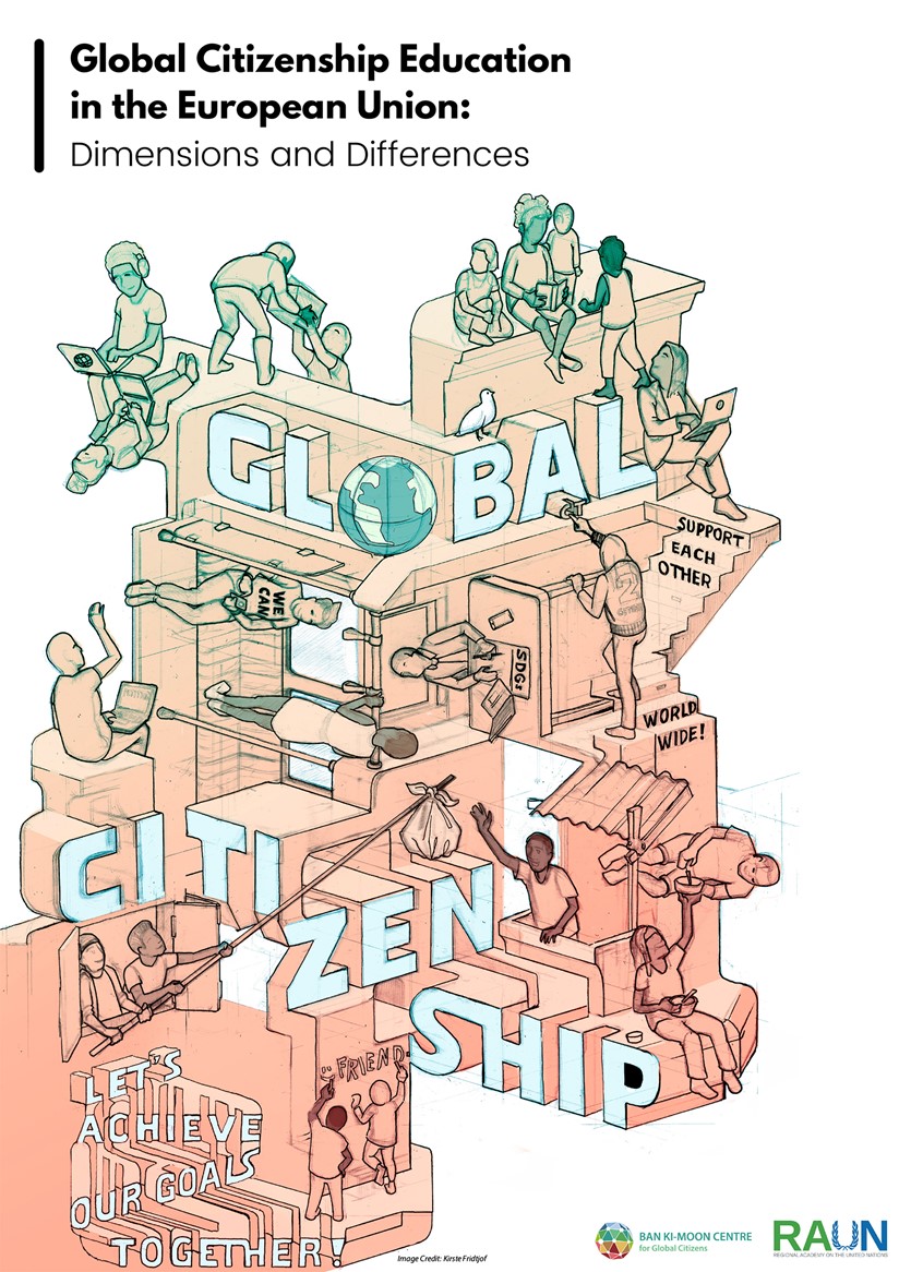 illustration of Isometric illustration contributed to the Global Citizenship poster design competition of the Ban Ki-moon Centre in 2020. Chosen to be the cover artwork for the RAUN report in 2021. Warm Colours, Muted Tones, Digital Edited, Analogue Drawing, Isometric, Isometric Type, Isometric Design, Isometric Illustration, Hand Drawn, UN, Global Citizenship