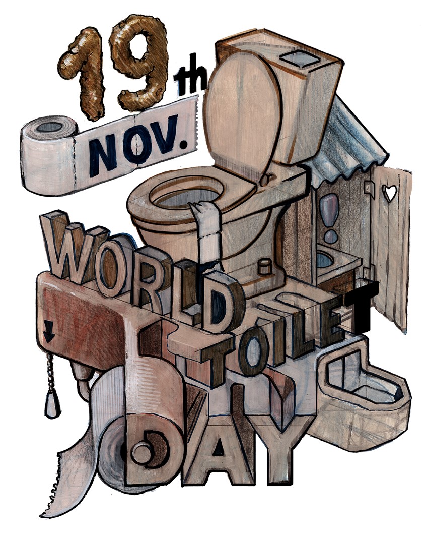 illustration of Isometric illustration created on occasion of the world toilet day 2020. Warm Colours, Muted Tones, Digital Edited, Analogue Drawing, Isometric, Isometric Type, Isometric Design, Isometric Illustration, Hand Drawn, UN, SDGs, Sustainable Development Goals, World Toilet Day,