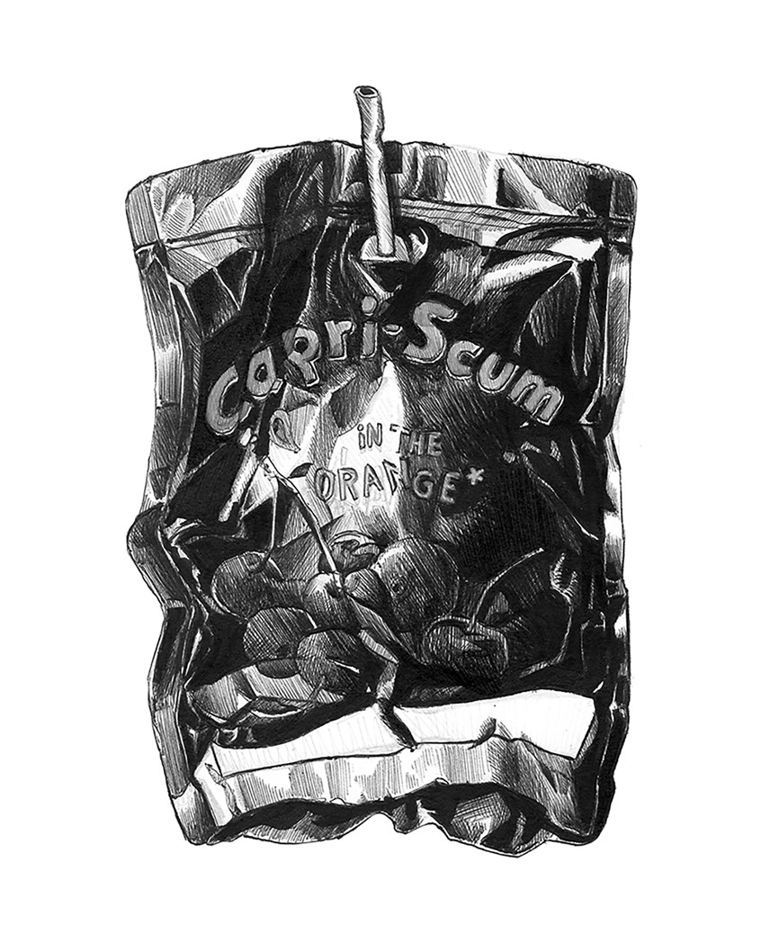 illustration of Single illustration for a personal project dealing with urban trash in Berlin, created in 2021. Littering, Capri Sun, Packaging, Drink, Empty, Urban Waste, Waste, Trash, Waste Management, Environment, Pollution, Municipal Waste, Environmental Illustration, Black and White, Ballpoint Pen Digital Edited, Analogue Drawing, Hand Drawn, Line Drawing
