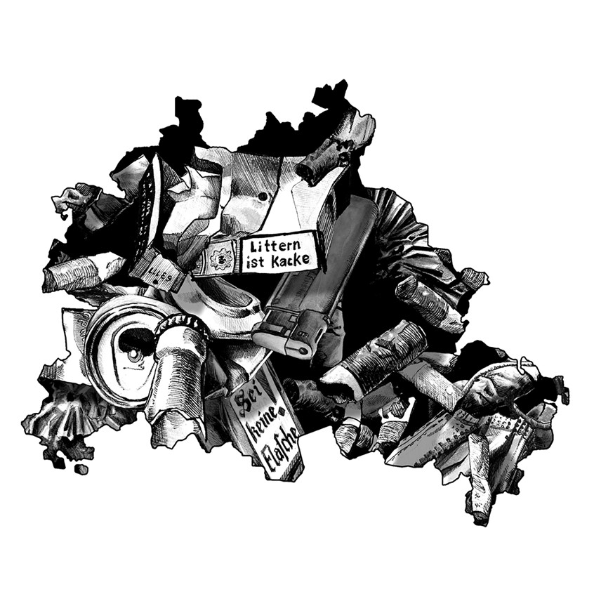 illustration of Single illustration for a personal project dealing with urban trash in Berlin, created in 2021. Littering, Face Mask, Urban Waste, Waste, Trash, Waste Management, Environment, Berlin, Pollution, Municipal Waste, Environmental Illustration, Black and White, Ballpoint Pen Digital Edited, Analogue Drawing, Hand Drawn, Line Drawing