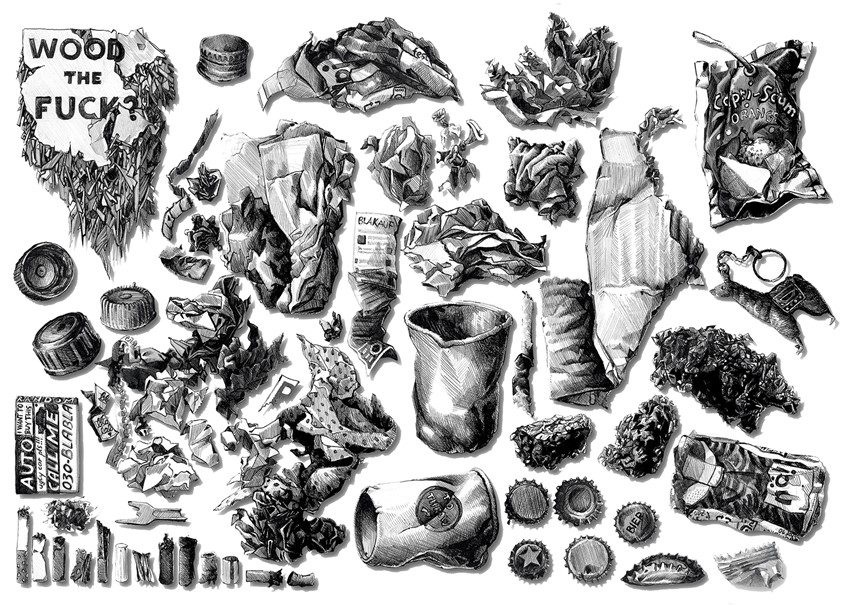 illustration of Illustrative documentation of a personal project dealing with urban trash in Berlin created in 2020. Littering, Urban Waste, Waste, Trash, Waste Management, Environment, Pollution, Municipal Waste, Environmental Illustration, Black and White, Ballpoint Pen Digital Edited, Analogue Drawing, Hand Drawn, Line Drawing