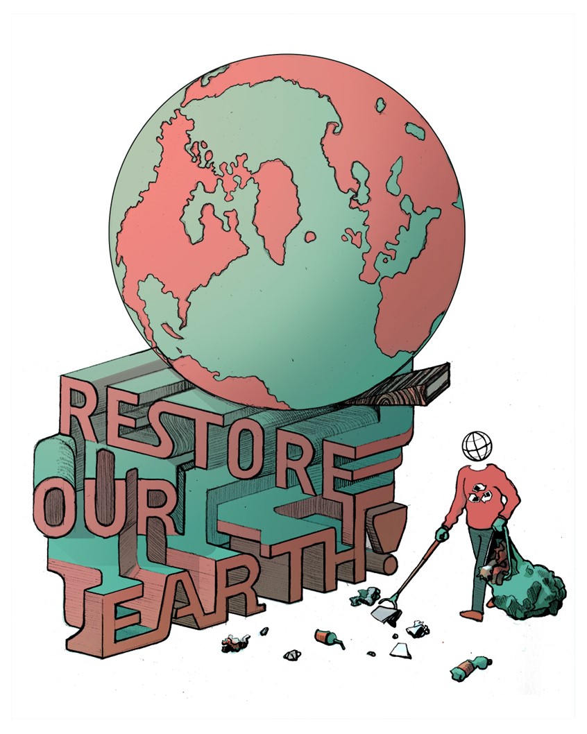 illustration of A personal artwork regarding earth day 2021 with the theme restore our earth. Warm Colours, Muted Tones, Digital Edited, Analogue Drawing, Isometric, Isometric Type, Isometric Design, Isometric Illustration, Hand Drawn, UN, Global Citizenship, Recycle, Recycling, Cleanup, Waste Management, Activism, Climate Change, Earth Day, 2021, Save Our Planet,