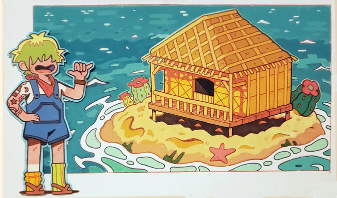 illustration of Part of a series of Illustrations made for a Japanese series of religious educational Youtube videos titled, Success Story: 成功の秘密 (Secret to Success).
traditional art, island, tropical, funny, sunny, ocean. sand, beach, japanese