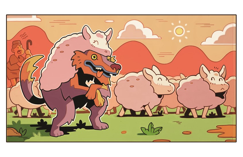 illustration of Part of a series of Illustrations made for a Japanese series of religious educational Youtube videos titled, Success Story: 成功の秘密 (Secret to Success).
digital art, nature, funny, sunny, wolf. sheep, culture, japanese
