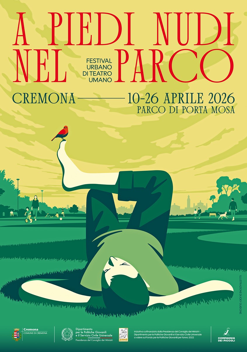 illustration of llustrated poster for the cultural event Barefoot in the Park in Cremona, Italy. The image conveys calm, connection with nature, and the quiet vitality of shared public spaces.