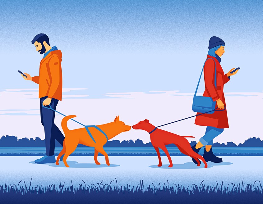 illustration of Self-initiated illustration about scrolling addiction. The image highlights the growing difficulty of human connection in the digital age, where excessive use of mobile devices leads to social detachment.