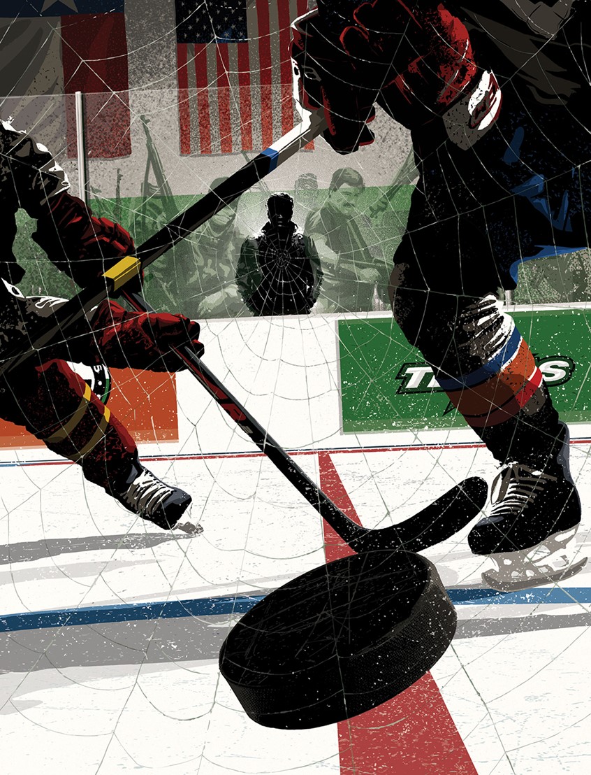 illustration of 'A Hockey Dad, a Cartel, and a $12 Million Fraud' - about a man who led his neighbours to believe their lives were in danger from a cartel, and he was the only one who could help.