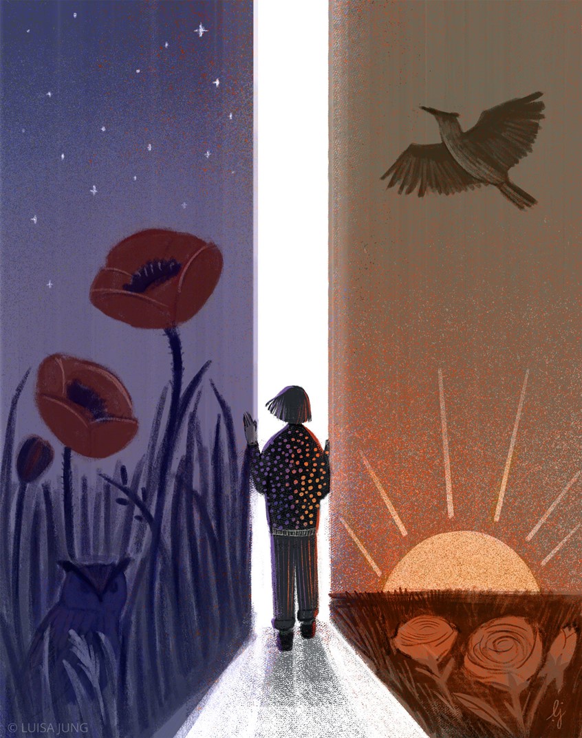 illustration of A while ago, I had the opportunity to create an illustration for Andere Zeiten, commissioned for an article exploring the Easter Vigil, a time between darkness and light. I enjoyed bringing to life symbols of nighttime and dawn in this piece.