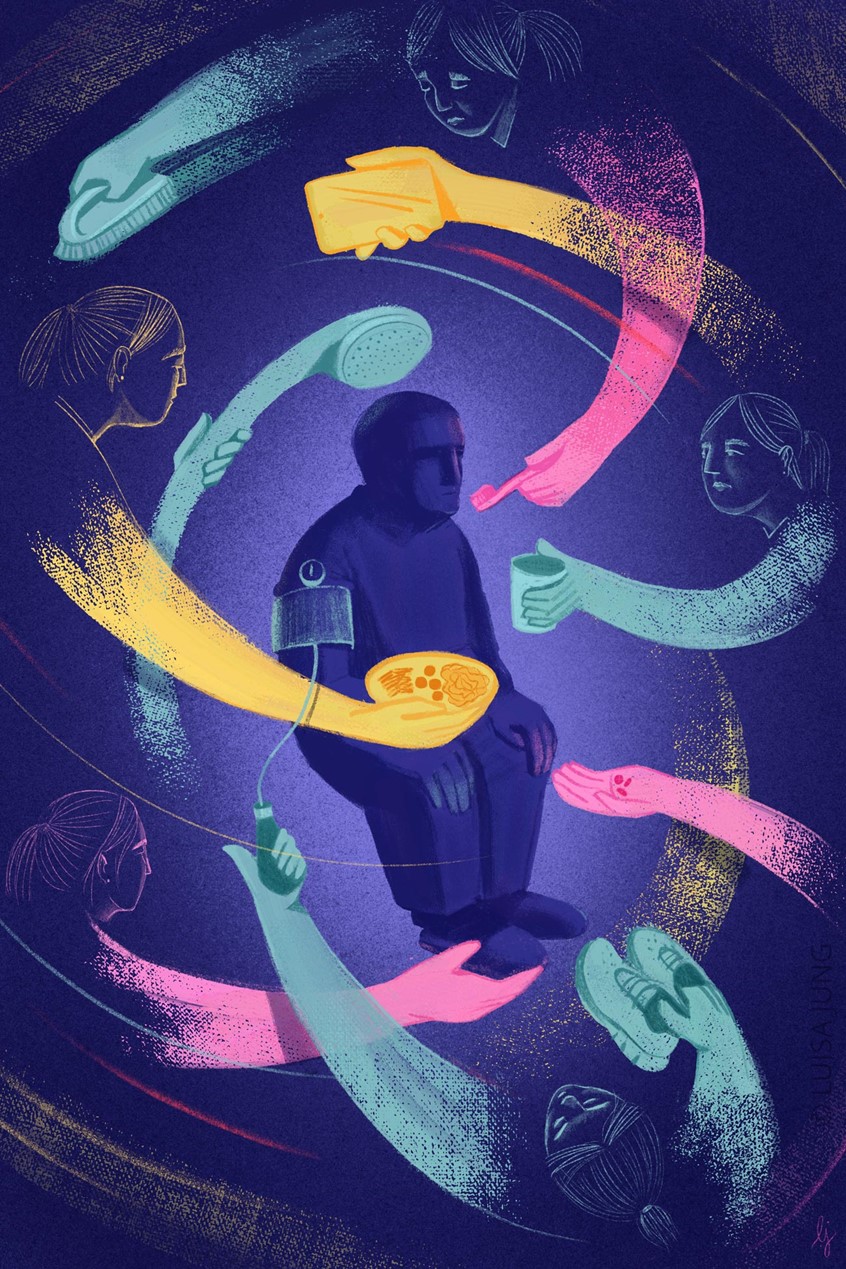 illustration of Illustration commissioned by The New York Times for Paula Span’s The New Old Age column.
Paid home care is buckling under the surging demands of an aging population, but it doesn’t have to stay that way.
The piece looks at alternatives that could upgrade jobs, support caregivers, and improve the quality of care for older adults.