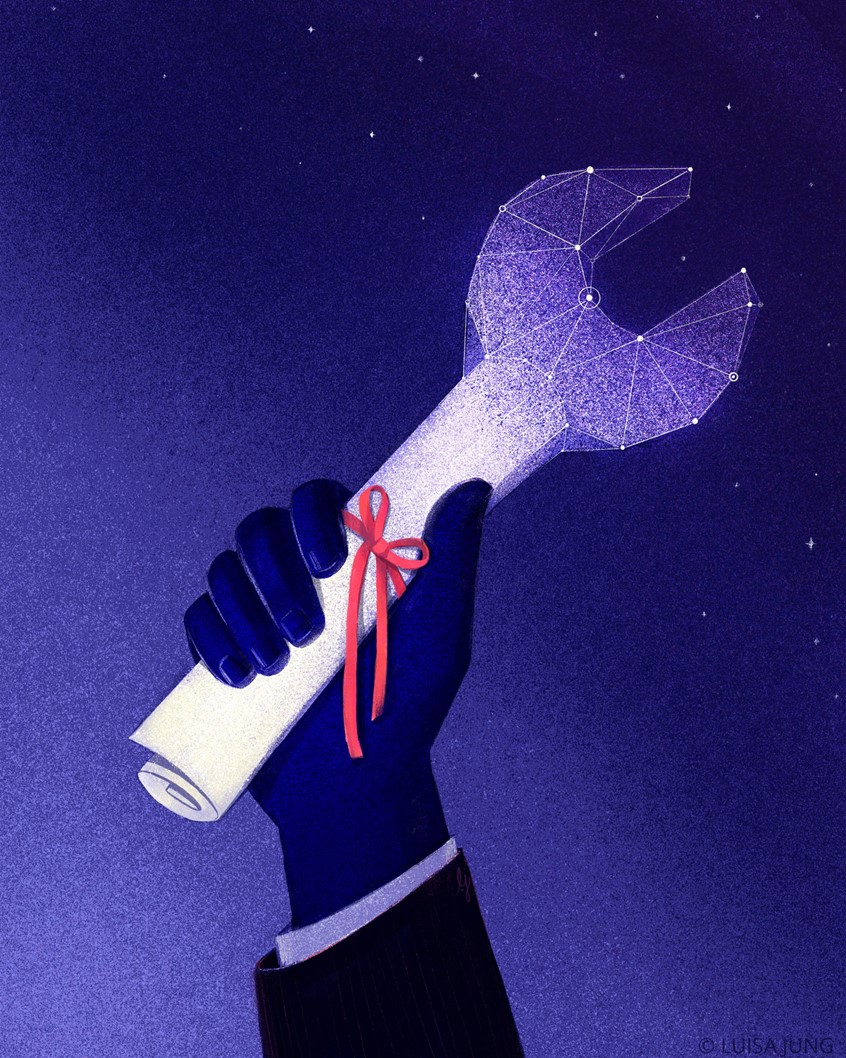 illustration of New illustration commissioned by the Opinions section of The Washington Post for their latest Op-Ed, “U.S. universities have lost sight of their core task.”
The piece, written by James B. Murray Jr. and Meredith Woo, examines the urgent need for higher education to return to its fundamental mission: preparing and educating the workforce of the future.