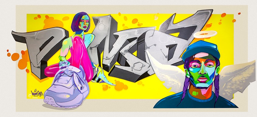 illustration of Mural created as part of a sneaker exhibition in Los Angeles showcasing the PUMA shoe collaborations with Rihanna and Nipsey Hussle.
Aerosol on interior wall 15’H x 34’W