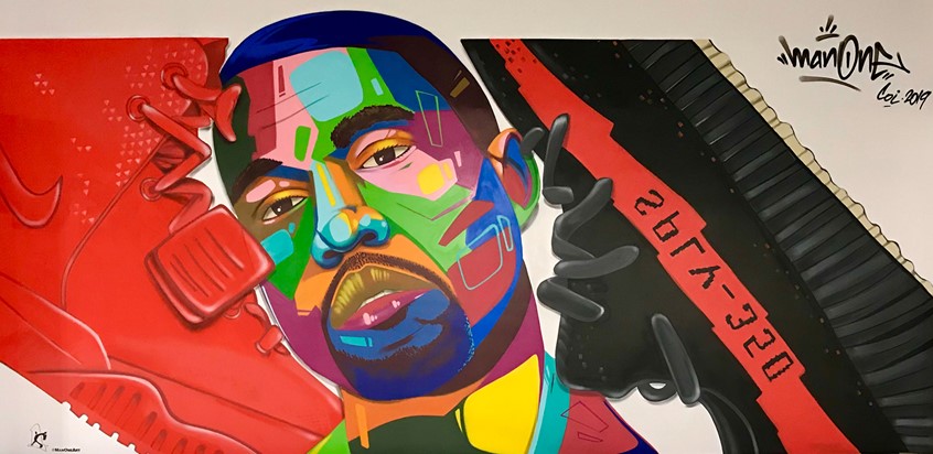 illustration of Mural created as part of a sneaker exhibition in Los Angeles to showcase Kanye West’s contributions to the sneaker design world.
Aerosol on interior wall 15’H x 20’W
Man One Richard Salzman