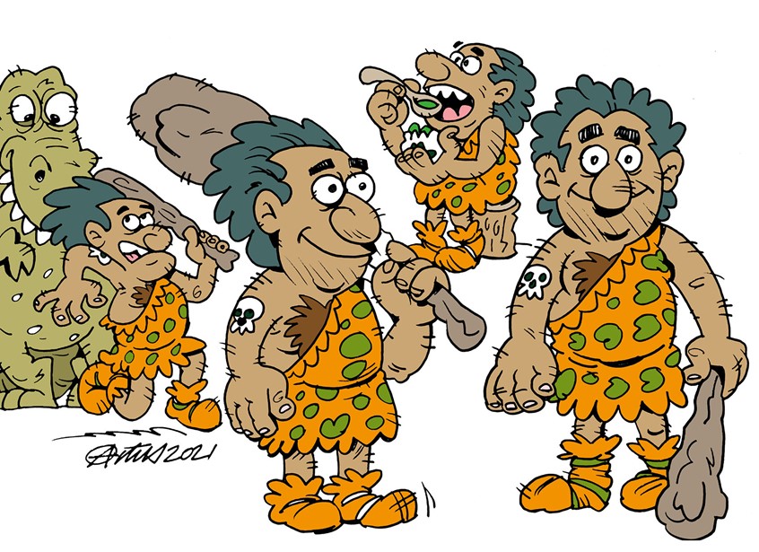 illustration of This is the key character design template for my new cartoon strip 'Dino Capers'. A humorous cartoon illustration about the fun and perilous life of a caveman's family.